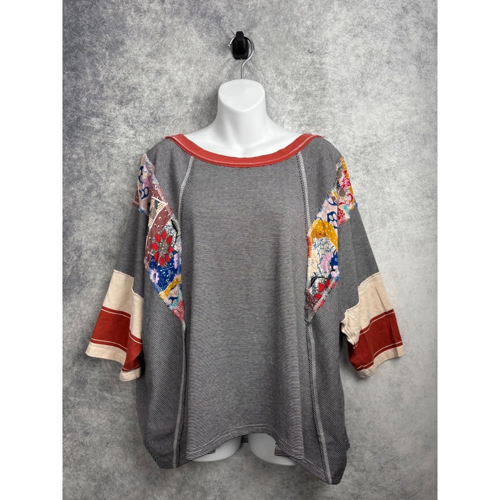Easel Los Angeles Patchwork Sleeve Oversized Striped Top Womens Large Boho Shirt - Picture 2 of 8